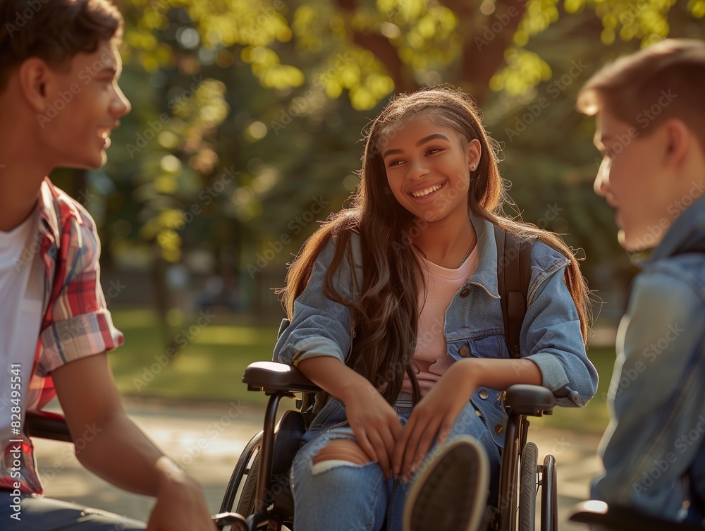Obraz premium A girl in a wheelchair is smiling at two other people. Scene is happy and friendly