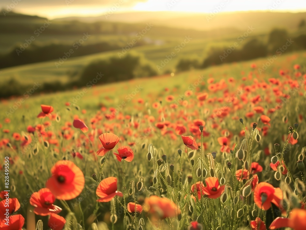 Obraz premium A field of red poppies with a bright sun shining on them