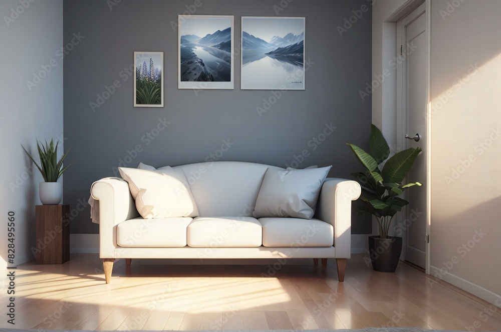 Fototapeta premium Elegant contemporary living room bathed in natural sunlight featuring a cozy white sofa, framed wall art, and luscious indoor plants