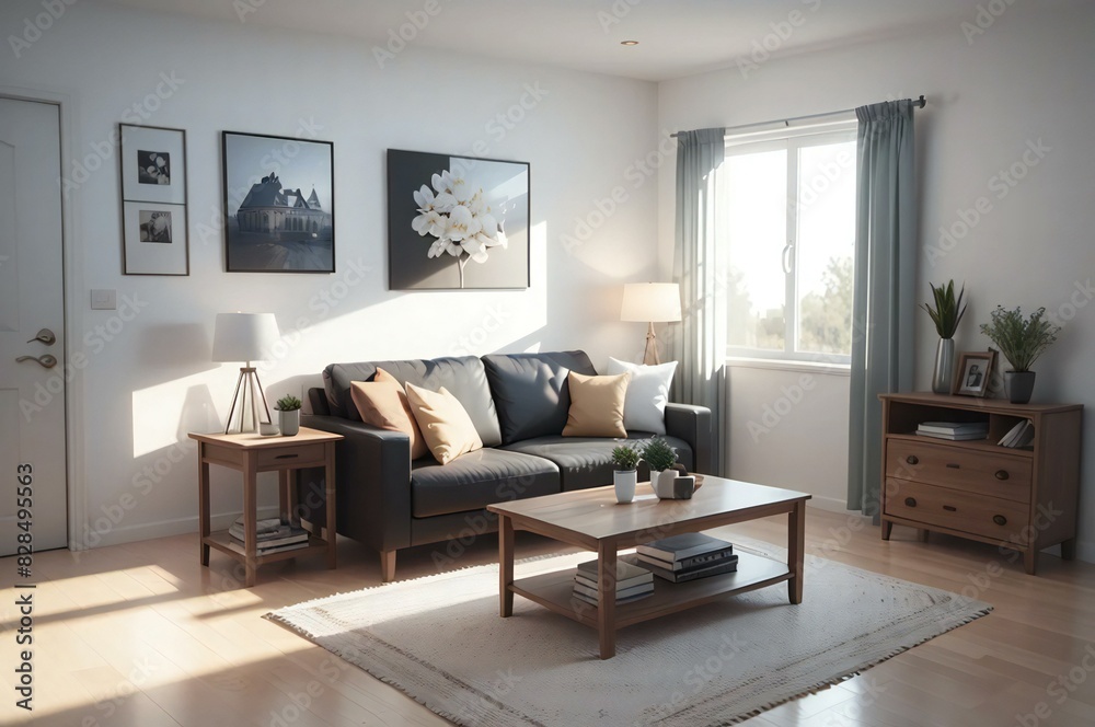 Fototapeta premium Spacious, well-lit living room featuring stylish furniture, art on walls, and large windows with flowing curtains in a contemporary home