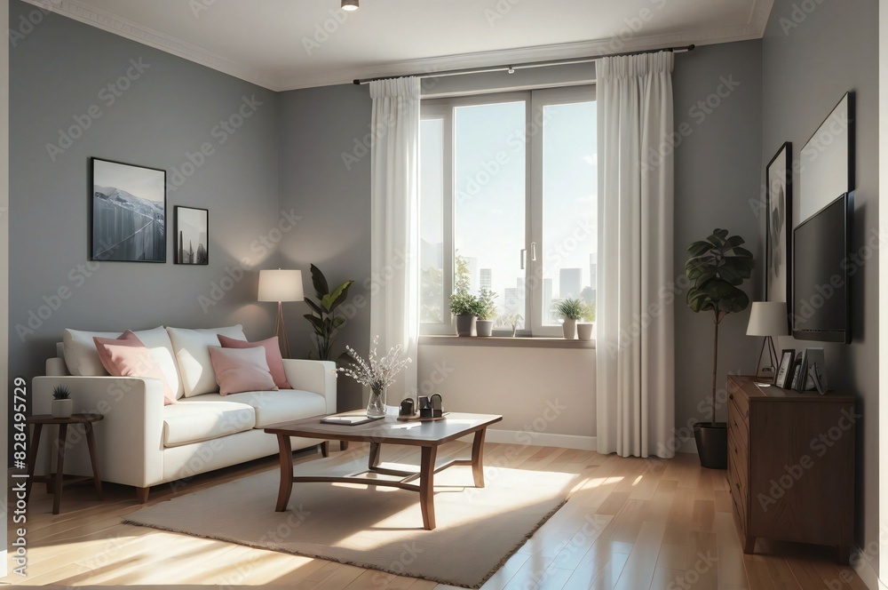 Fototapeta premium Contemporary living room flooded with natural light, showcasing chic furniture, decor accents, and a serene cityscape view from the window