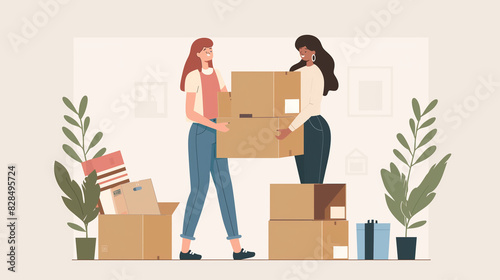 two friends moving in home and holding boxes