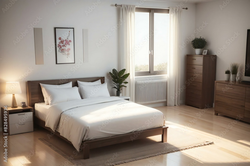 Cozy, modern bedroom bathed in warm sunrise light, featuring a neatly made bed, wooden furniture, and tasteful wall art Cozy, modern bedroom bathed in warm sunrise light, featuring a neatly made bed, wooden furniture, and tasteful wall art