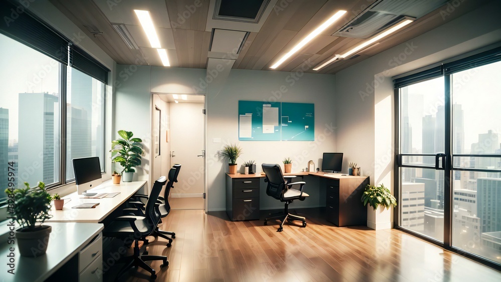 Stylish and spacious corporate office with sleek desks, comfortable chairs, and panoramic city views at sunset Stylish and spacious corporate office with sleek desks, comfortable chairs, and panoramic city views at sunset