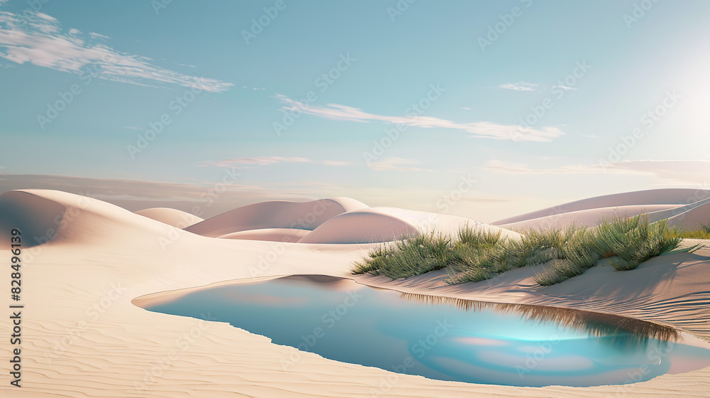 Minimalist desert landscape, azure sky, a very small circular lake in the middle of the frame, the water is flush with the ground Minimalist desert landscape, azure sky, a very small circular lake in the middle of the frame, the water is flush with the ground