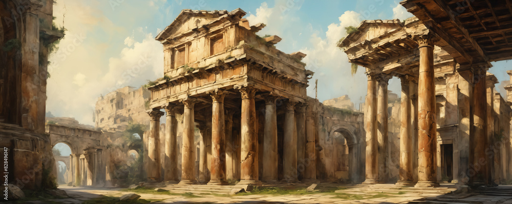 Obraz premium ancient temple architecture in oil painting style. High resolution illustration