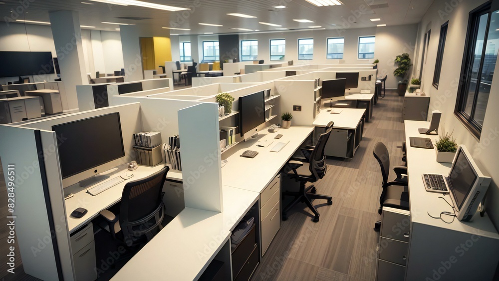 Bright and open contemporary office space with desks, computers, chairs, and neatly arranged workstations for efficient workflows Bright and open contemporary office space with desks, computers, chairs, and neatly arranged workstations for efficient workflows