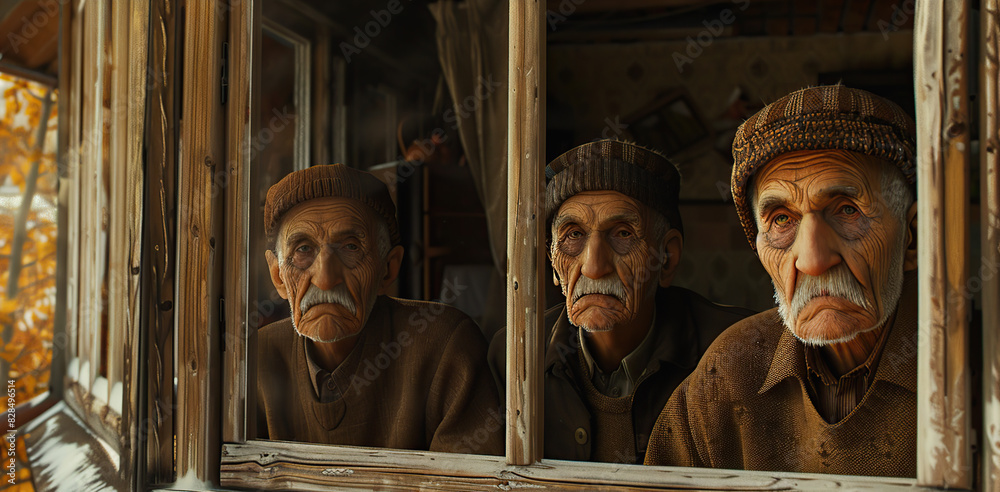A group of lonely old men stood at a window looking out into the open air A group of lonely old men stood at a window looking out into the open air