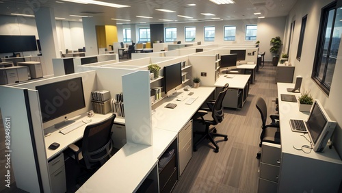 Bright and open contemporary office space with desks, computers, chairs, and neatly arranged workstations for efficient workflows