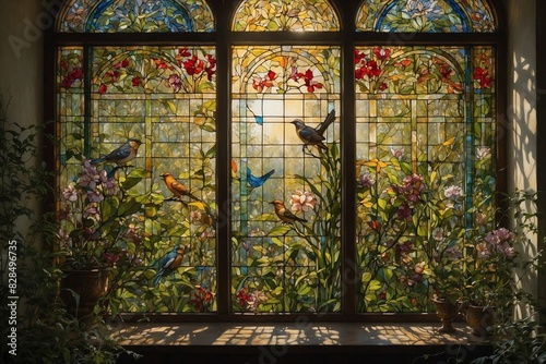 A stained glass window with birds and flowers