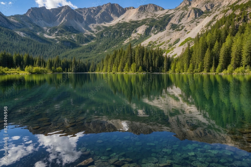 A beautiful lake surrounded by mountains with a clear blue sky