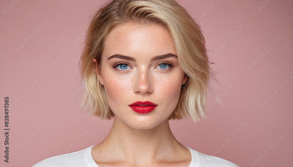 Portrait of a beautiful woman with short blonde hair, blue eyes, and red lips on a pink background. Portrait of a beautiful woman with short blonde hair, blue eyes, and red lips on a pink background.