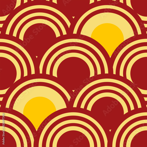 Circle abstract background in oriental style. Geometric line with Japanese pattern vector. Circle shapes in the oriental template. Red, yellow texture template. Seamless Pattern Japan-style