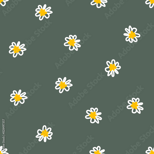 White floral seamless patterns daisy flowers on meadows hand-drawn green background vector illustrations. Cute summer wallpaper. Trendy textures design for paper, cover, fabric, print, and backdrop