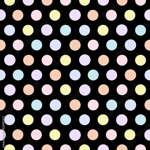 Seamless colorful polka dot on black background, pastel pattern. Wrapping paper, publications, sheets, graphics, circles. Printing on fabric, paper, scrapbooking, and websites Background, vector