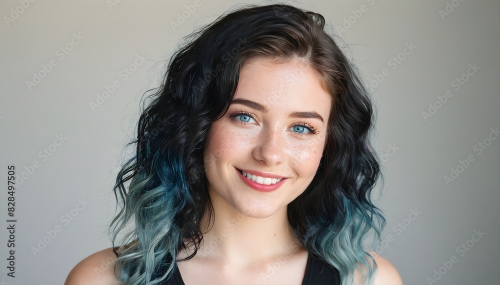 Beautiful smiling woman with wavy brunette and blue hair, wearing black tank top on gray background Beautiful smiling woman with wavy brunette and blue hair, wearing black tank top on gray background