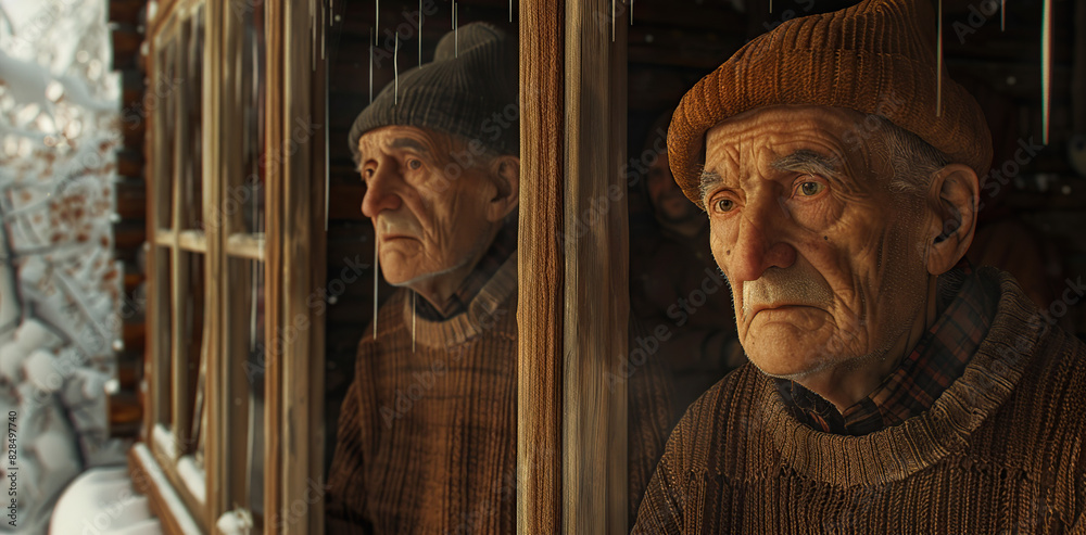 Naklejka premium A group of lonely old men stood at a window looking out into the open air