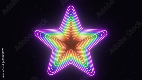 3d neon gloving multicolored star in space. Rainbow LGBT Pride colors. Disco futuristic retro 80s90s sci-fi music party celebration template. photo