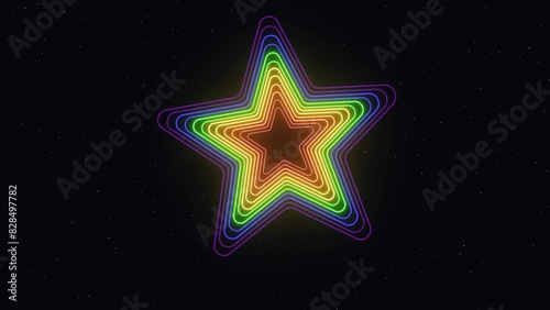 3d neon gloving multicolored star in space. Rainbow LGBT Pride colors. Disco futuristic retro 80s90s sci-fi music party celebration template. Loop animation 30fps 4k photo