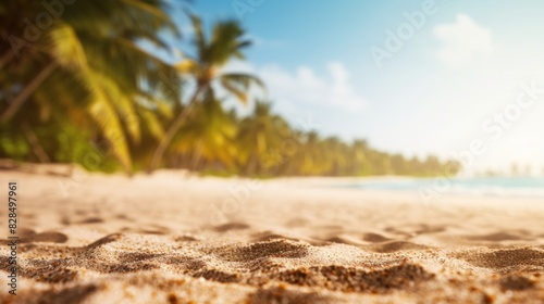 The sand on the beach has coconut leaves with blurred palms. Tropical beach, summer vacation and travel concept. copy space