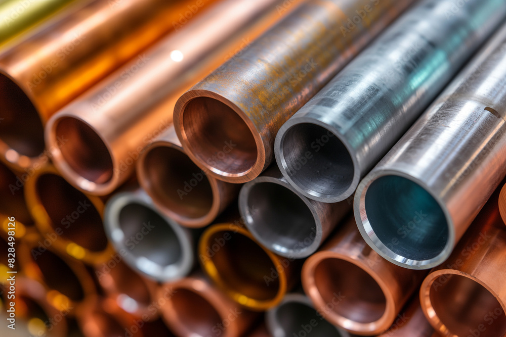 Close up of stacked metal pipes construction or manufacturing materials tube Close up of stacked metal pipes construction or manufacturing materials tube
