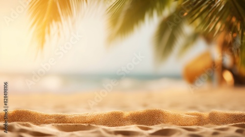 The sand on the beach has coconut leaves with blurred palms. Tropical beach, summer vacation and travel concept. copy space