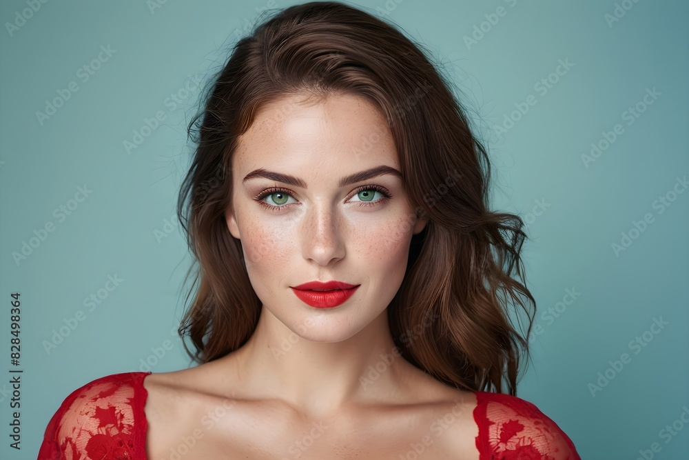Beautiful woman wearing red dress with brunette hair, red lips, and perfect skin with light freckles on a blue background. Beautiful woman wearing red dress with brunette hair, red lips, and perfect skin with light freckles on a blue background.