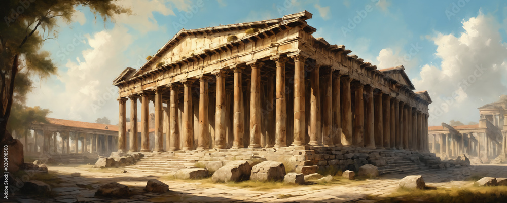 Naklejka premium ancient temple architecture in oil painting style. High resolution illustration