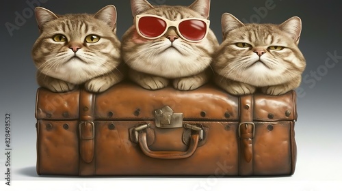 A charming and playful graphic featuring three chubby cats perched atop a vintage leather suitcase. The central cat sports stylish red sunglasses