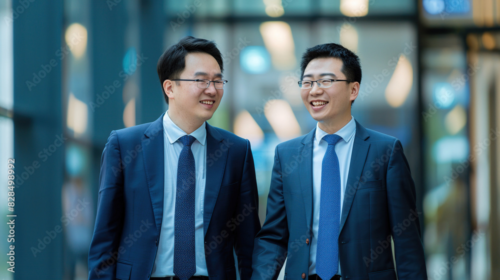 Two Chinese business men in suits and leather shoes are taking a walk, discussing some things. Two Chinese business men in suits and leather shoes are taking a walk, discussing some things.