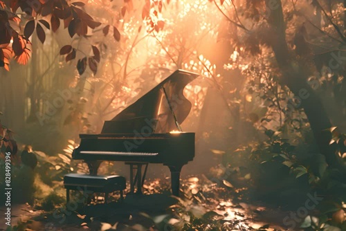 A grand piano amidst a mystical forest, conveying a serene, magical ambiance