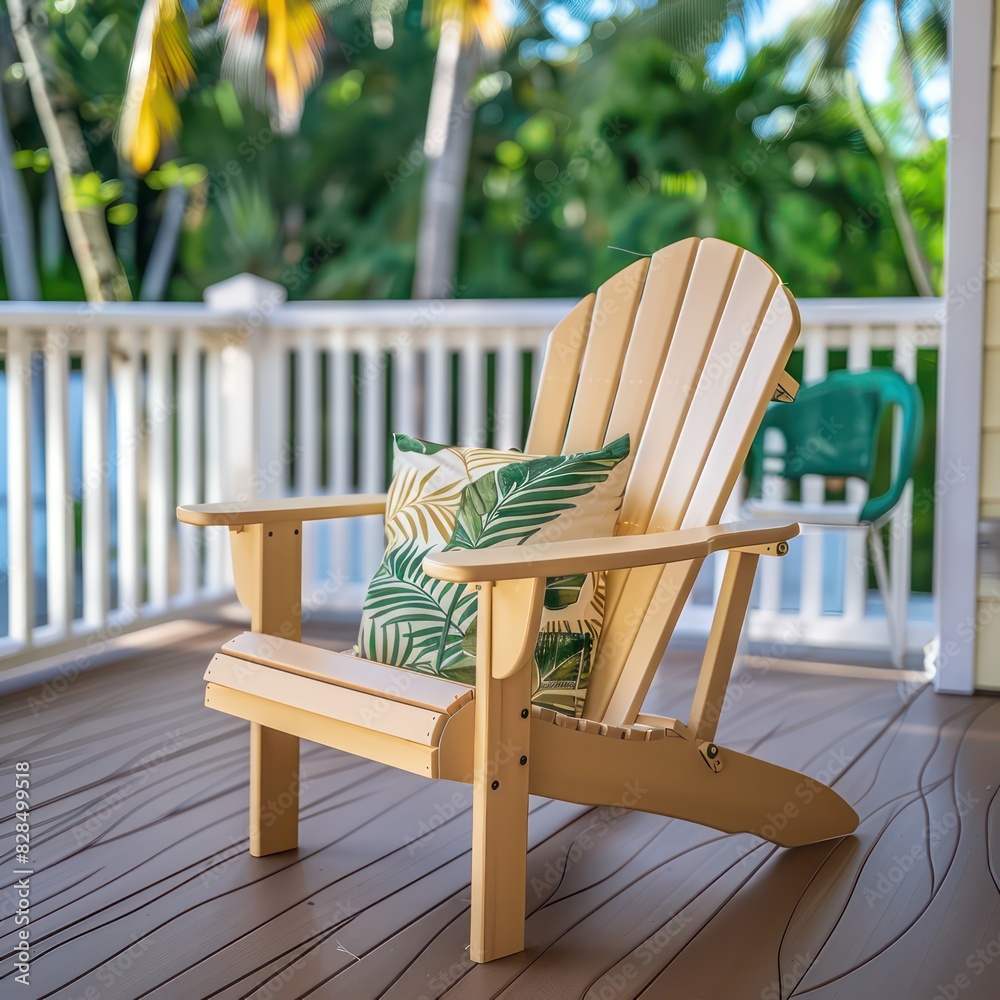 adirondack wooden chair on a deck of an outdoor patio