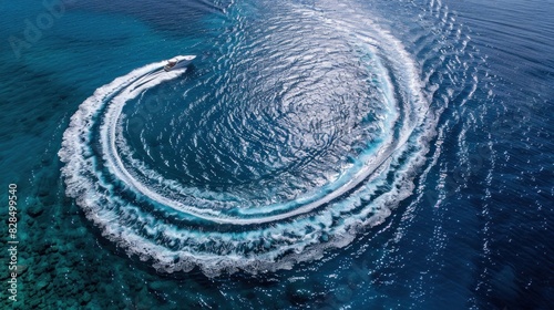 Speedboat in the sea making circles from soap bubbles, aerial view. Holiday. Illustration.