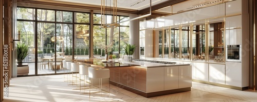 A modern kitchen with a large, center island and sleek, white cabinets. The room is filled with natural light pouring in through the large windows, and the walls are adorned © Muhammad