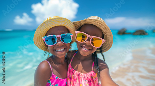 Two African girls smiling and hugging, wearing sunglasses and straw hats at the beach. Concept of childhood, friendship, and summer.