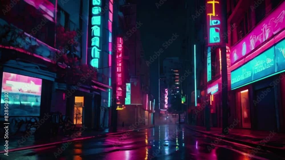 Neon-Lit City Street at Night with Wet Pavement Neon-Lit City Street at Night with Wet Pavement