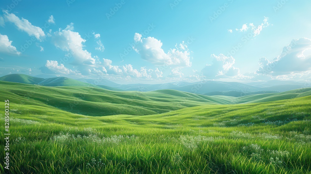 wallpaper of a realistic landscape of a lush green meadow with a clear blue sky