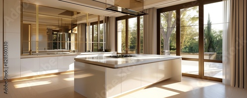 A modern kitchen with a large  center island and sleek  white cabinets. The room is filled with natural light pouring in through the large windows  and the walls are adorned