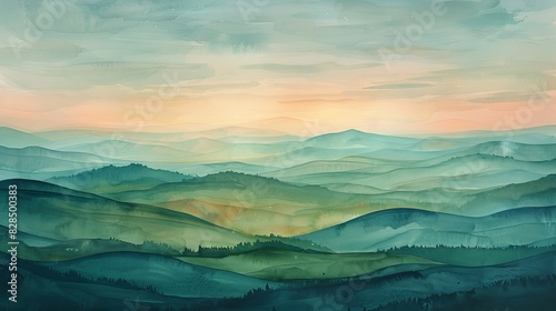 Beautiful watercolor landscape of rolling hills and mountains, capturing a serene and calming morning atmosphere with soft pastel colors.