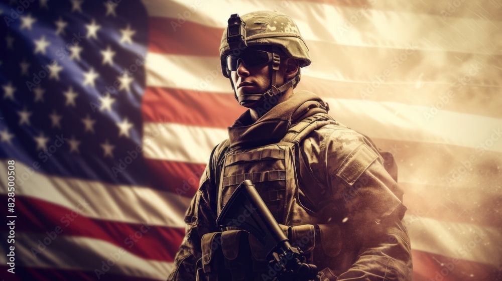 Silhouette of a US Army soldier national flag background On the day of pride in serving the nation, National Day Silhouette of a US Army soldier national flag background On the day of pride in serving the nation, National Day