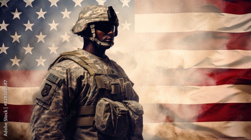Silhouette of a US Army soldier national flag background On the day of pride in serving the nation, National Day Silhouette of a US Army soldier national flag background On the day of pride in serving the nation, National Day