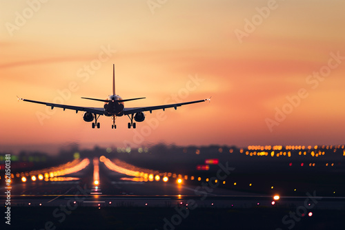 the plane is landing under the lights of the runway