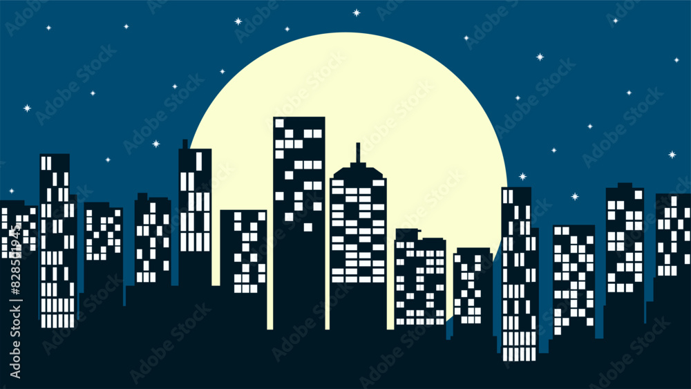 Cityscape illustration of skyline building with full moon night