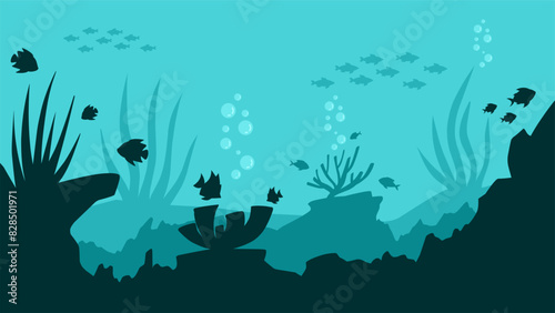 Landscape illustration of seabed with coral reefs and fishes