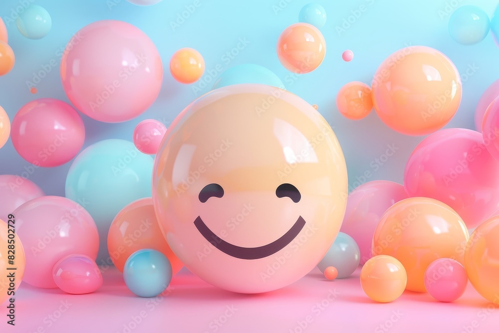 A smiling face is surrounded by many colorful spheres A smiling face is surrounded by many colorful spheres