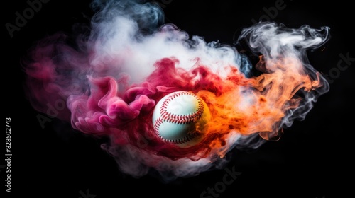 White baseball ball in multicolored red smoke on black background.