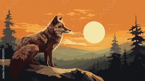Craft a digital artwork showcasing a fox silhouetted against a sunset horizon, highlighting the intricate textures of its fur using a warm, earthy color palette