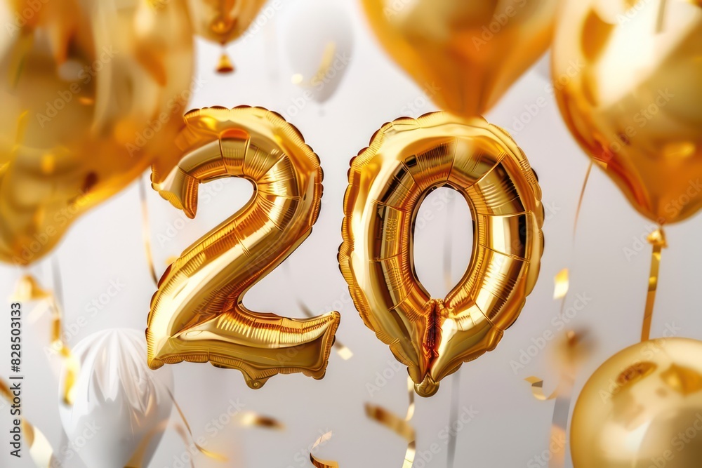 20 number made of two golden floating helium balloons in a festive background