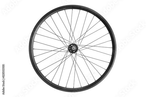 Photo of a black bicycle wheel. Spare parts for transport