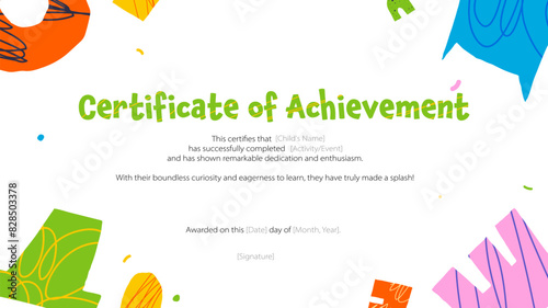 Childish certificate background for kids. Fun and bold. Diploma with shapes and scribble texture. Playful school template. Vector trendy design (ID: 828503378)